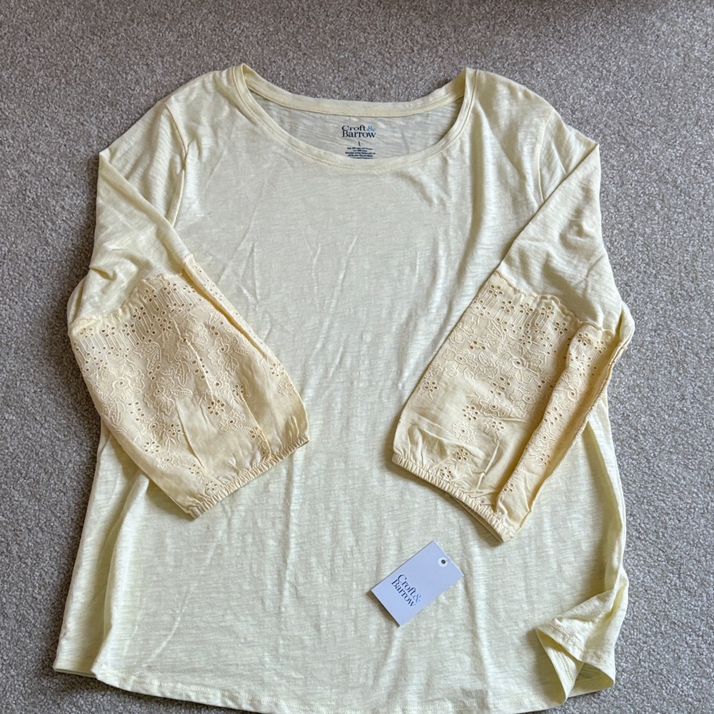 croft & barrow Light Yellow Eyelet Sleeve Long Sleeve Tee